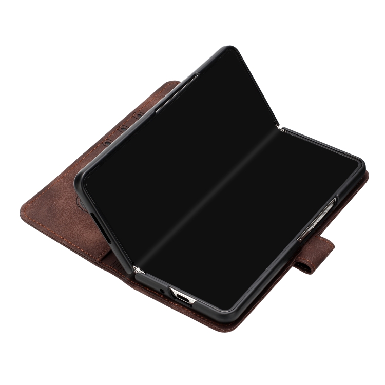 For Samsung Galaxy Z Fold4 YX0080 Grid Butterfly Embossed Pattern Flip Leather Phone Case with Lanyard(Coffee)