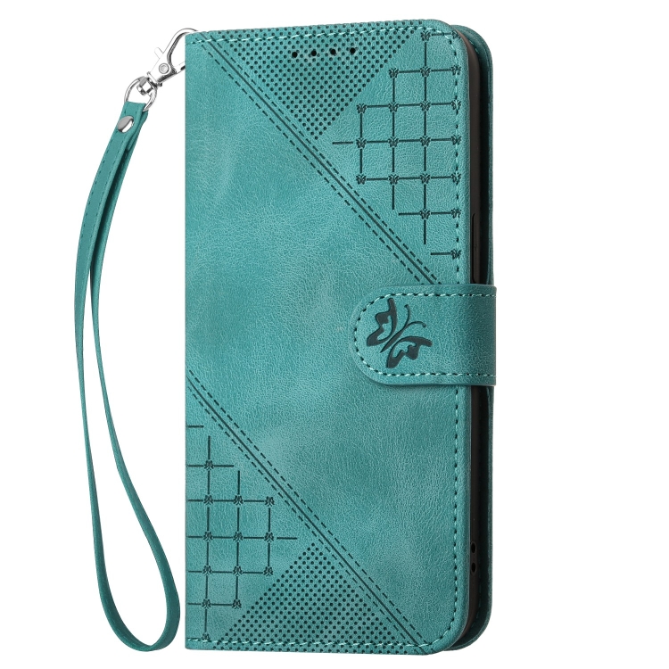 For Samsung Galaxy S23 Ultra 5G YX0080 Grid Butterfly Embossed Pattern Flip Leather Phone Case with Lanyard(Light Blue)