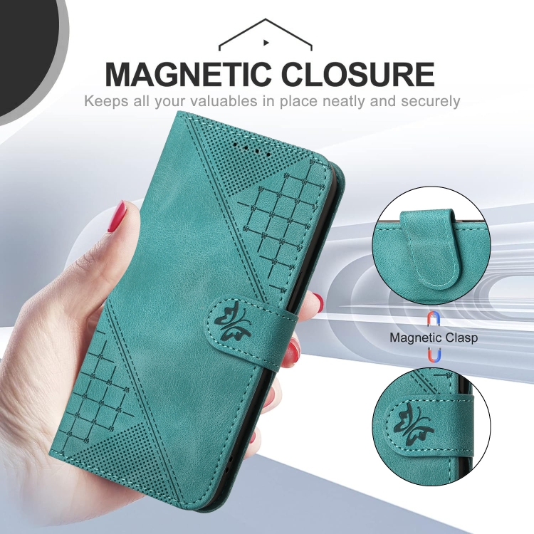 For Samsung Galaxy S23 Ultra 5G YX0080 Grid Butterfly Embossed Pattern Flip Leather Phone Case with Lanyard(Light Blue)