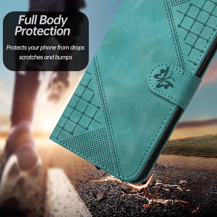 For Samsung Galaxy S23 Ultra 5G YX0080 Grid Butterfly Embossed Pattern Flip Leather Phone Case with Lanyard(Light Blue)