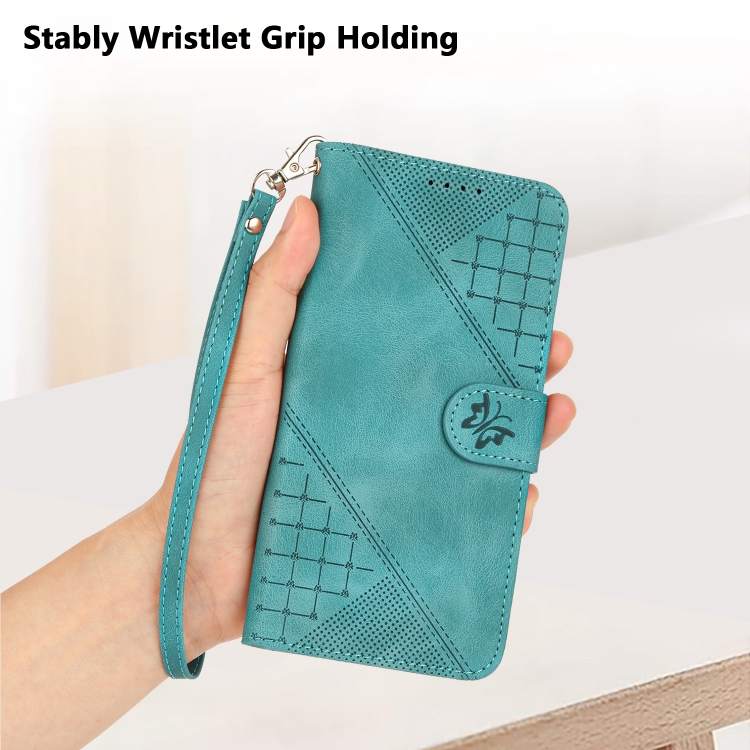 For Samsung Galaxy S23 Ultra 5G YX0080 Grid Butterfly Embossed Pattern Flip Leather Phone Case with Lanyard(Light Blue)