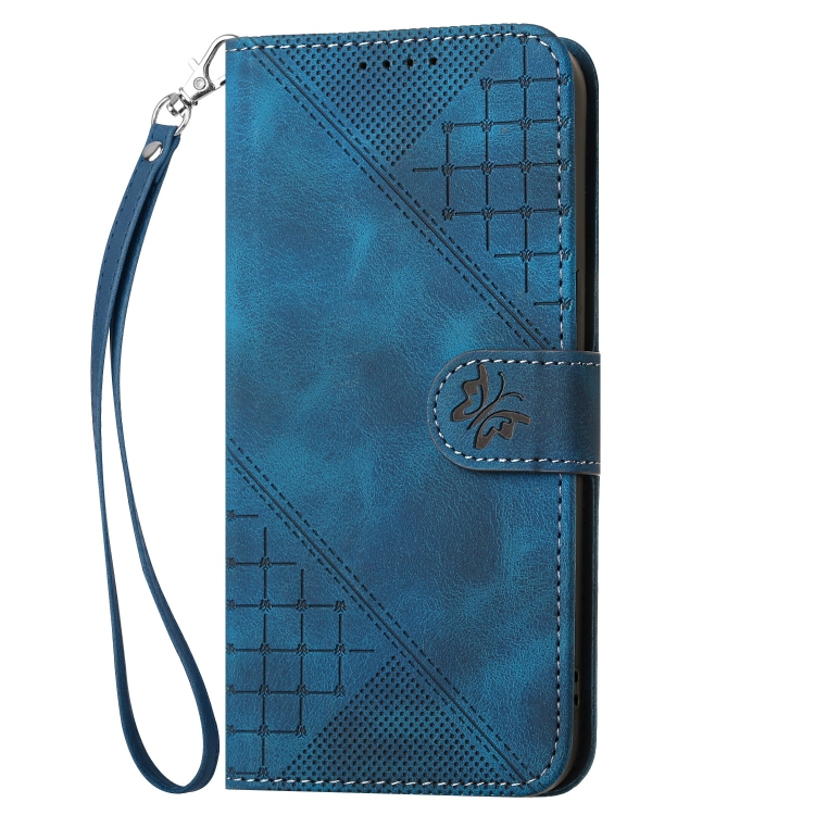 For iPhone 16 Plus YX0080 Grid Butterfly Embossed Pattern Flip Leather Phone Case with Lanyard(Dark Blue) For iPhone 16 Plus YX0080 Grid Butterfly Embossed Pattern Flip Leather Phone Case with Lanyard(Dark Blue)