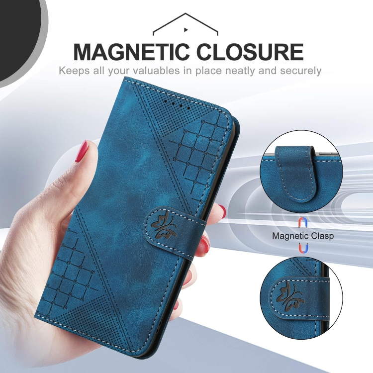 For iPhone 16 Plus YX0080 Grid Butterfly Embossed Pattern Flip Leather Phone Case with Lanyard(Dark Blue) For iPhone 16 Plus YX0080 Grid Butterfly Embossed Pattern Flip Leather Phone Case with Lanyard(Dark Blue)