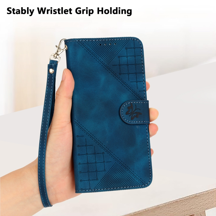 For iPhone 16 Plus YX0080 Grid Butterfly Embossed Pattern Flip Leather Phone Case with Lanyard(Dark Blue) For iPhone 16 Plus YX0080 Grid Butterfly Embossed Pattern Flip Leather Phone Case with Lanyard(Dark Blue)