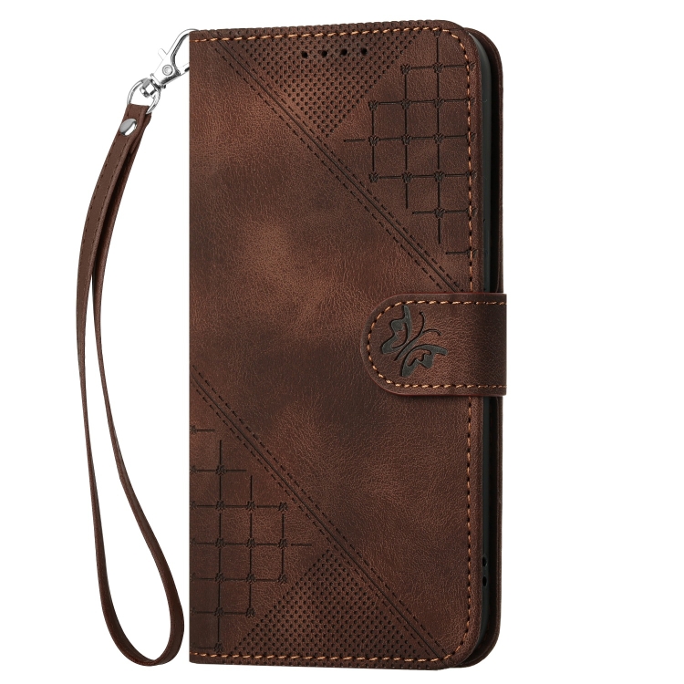 For iPhone 16 YX0080 Grid Butterfly Embossed Pattern Flip Leather Phone Case with Lanyard(Coffee)