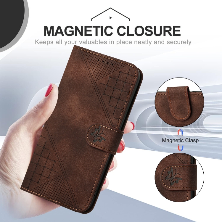 For iPhone 16 YX0080 Grid Butterfly Embossed Pattern Flip Leather Phone Case with Lanyard(Coffee)