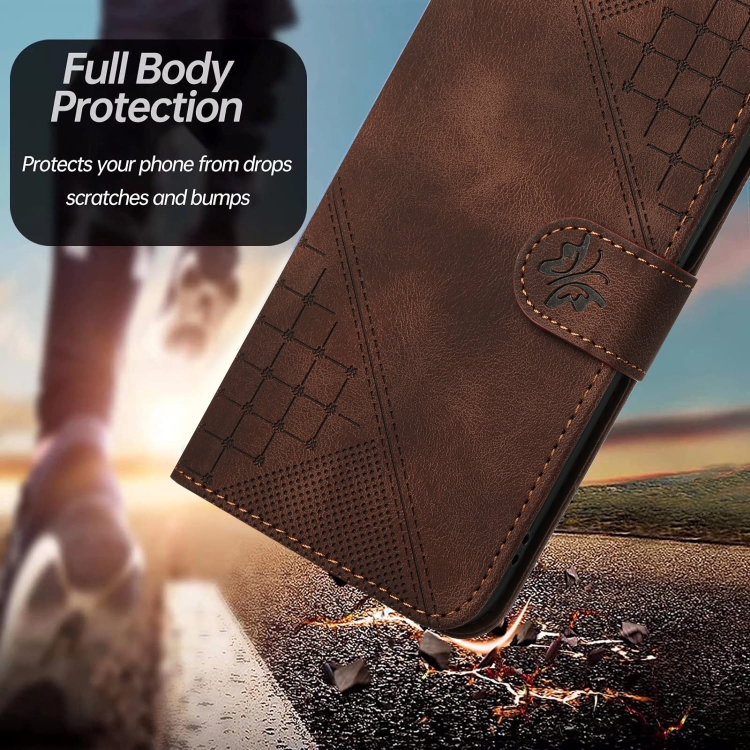 For iPhone 16 YX0080 Grid Butterfly Embossed Pattern Flip Leather Phone Case with Lanyard(Coffee)