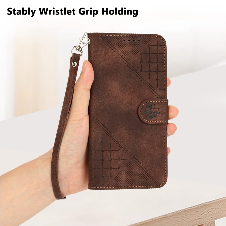 For iPhone 16 YX0080 Grid Butterfly Embossed Pattern Flip Leather Phone Case with Lanyard(Coffee)