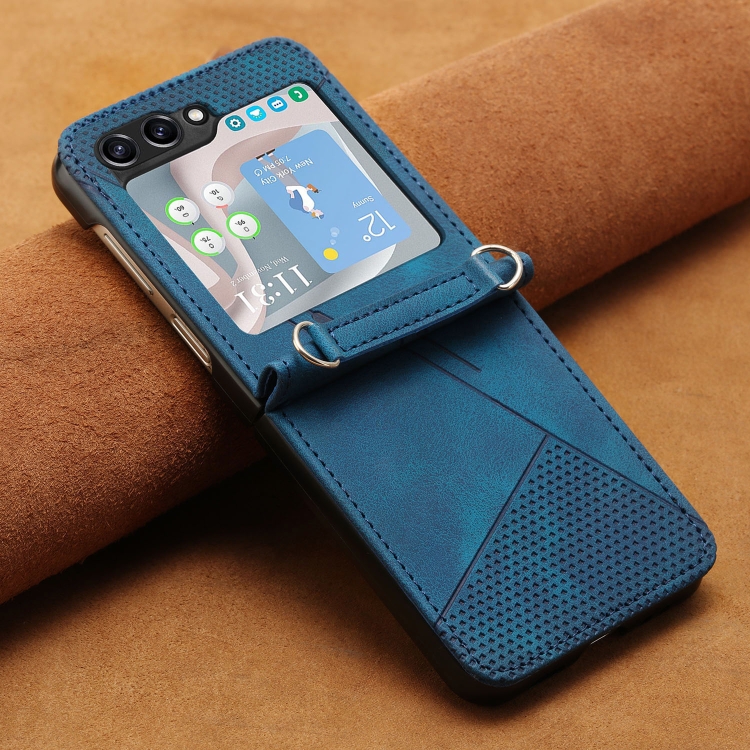 For Samsung Galaxy Z Flip5 Dream Triangle Folding Leather Phone Case with Lanyard(Blue) For Samsung Galaxy Z Flip5 Dream Triangle Folding Leather Phone Case with Lanyard(Blue)