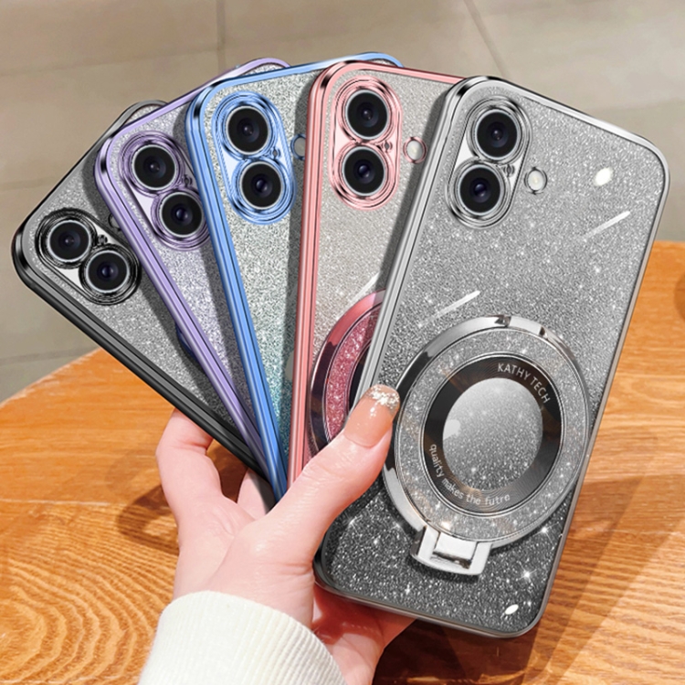 For iPhone 16 Plus Plated Gradient Glitter Round Holder TPU Phone Case(Sierra Blue) For iPhone 16 Plus Plated Gradient Glitter Round Holder TPU Phone Case(Sierra Blue)