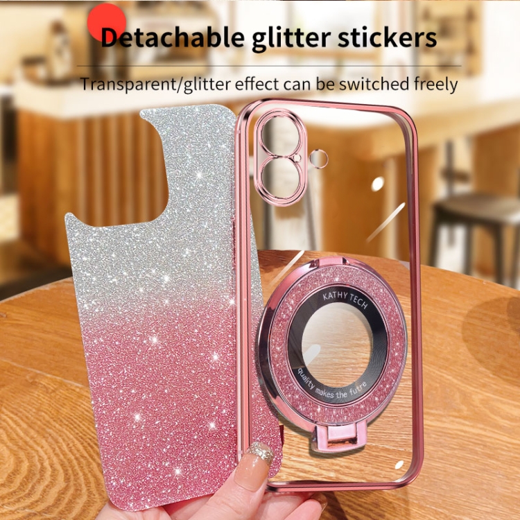 For iPhone 16 Plus Plated Gradient Glitter Round Holder TPU Phone Case(Sierra Blue) For iPhone 16 Plus Plated Gradient Glitter Round Holder TPU Phone Case(Sierra Blue)