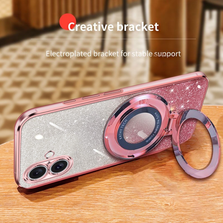 For iPhone 16 Plus Plated Gradient Glitter Round Holder TPU Phone Case(Sierra Blue) For iPhone 16 Plus Plated Gradient Glitter Round Holder TPU Phone Case(Sierra Blue)