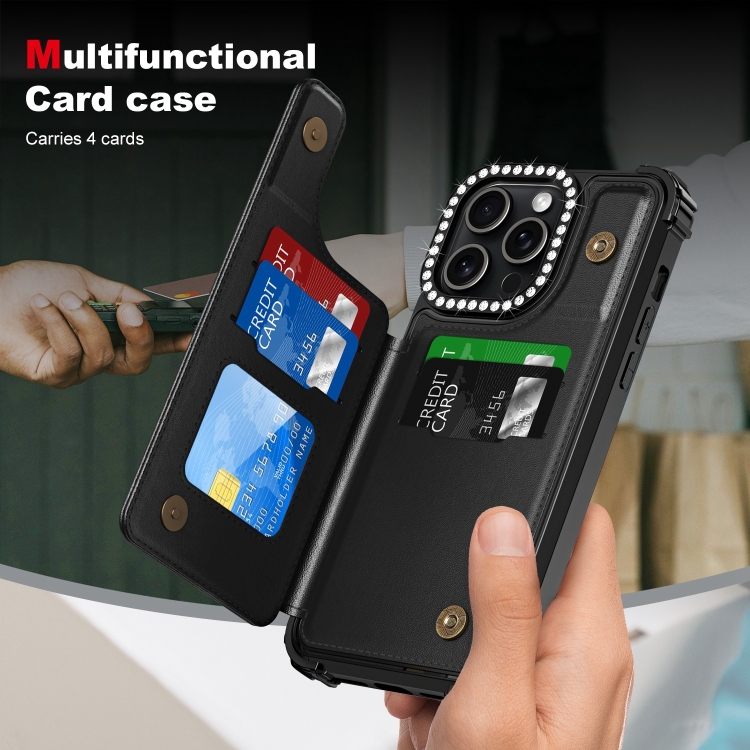 For iPhone 15 Pro Diamond Horizontal Card Bag Leather Phone Case(Black) For iPhone 15 Pro Diamond Horizontal Card Bag Leather Phone Case(Black)
