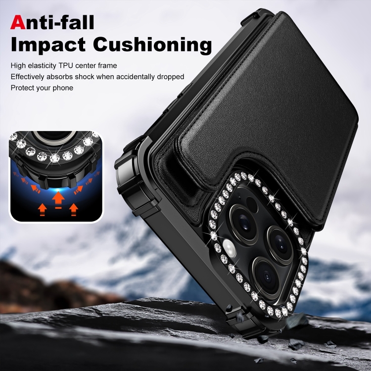 For iPhone 15 Pro Diamond Horizontal Card Bag Leather Phone Case(Black) For iPhone 15 Pro Diamond Horizontal Card Bag Leather Phone Case(Black)