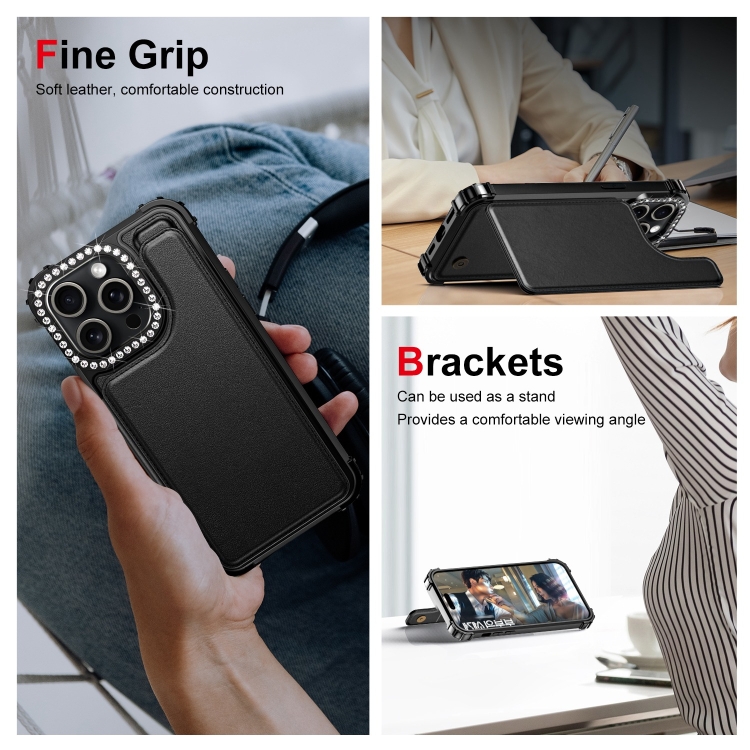 For iPhone 15 Pro Diamond Horizontal Card Bag Leather Phone Case(Black) For iPhone 15 Pro Diamond Horizontal Card Bag Leather Phone Case(Black)