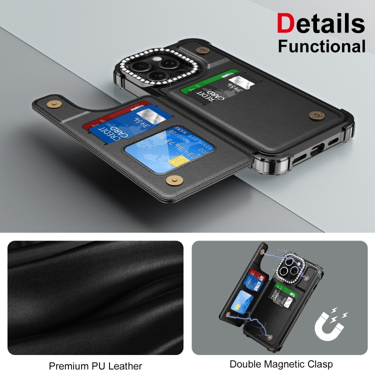 For iPhone 15 Pro Diamond Horizontal Card Bag Leather Phone Case(Black) For iPhone 15 Pro Diamond Horizontal Card Bag Leather Phone Case(Black)
