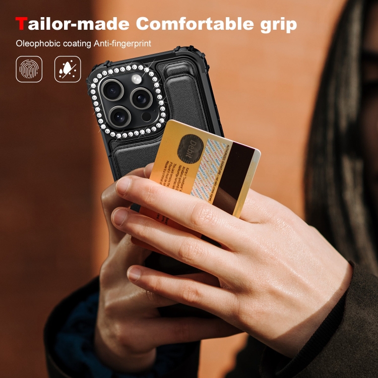 For iPhone 15 Pro Diamond Horizontal Card Bag Leather Phone Case(Black) For iPhone 15 Pro Diamond Horizontal Card Bag Leather Phone Case(Black)