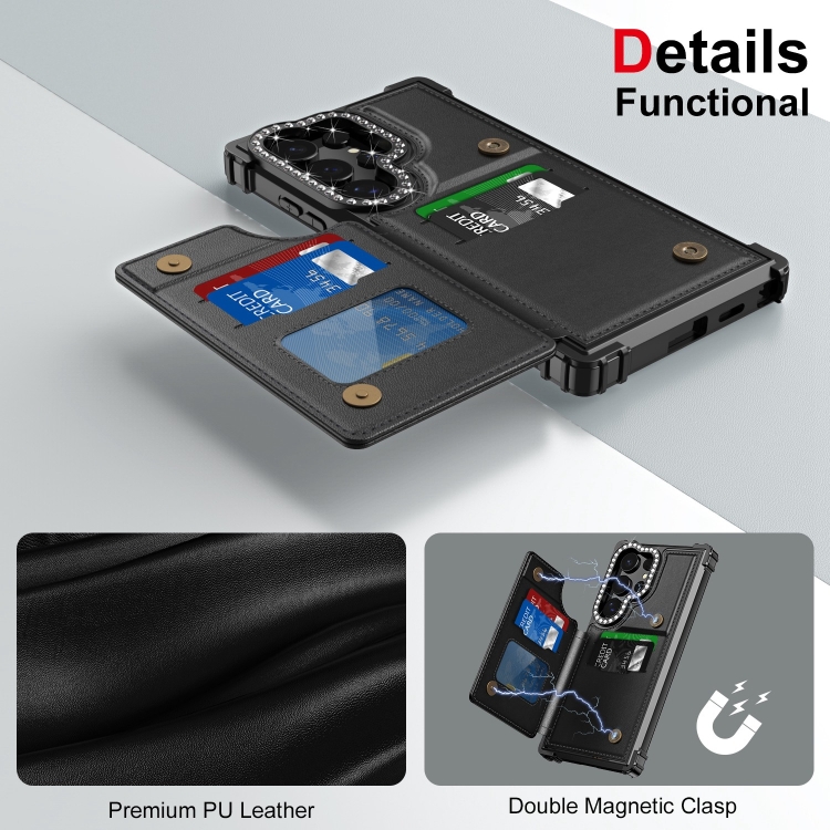 For Samsung Galaxy S24 Ultra 5G Diamond Horizontal Card Bag Leather Phone Case(Black) For Samsung Galaxy S24 Ultra 5G Diamond Horizontal Card Bag Leather Phone Case(Black)