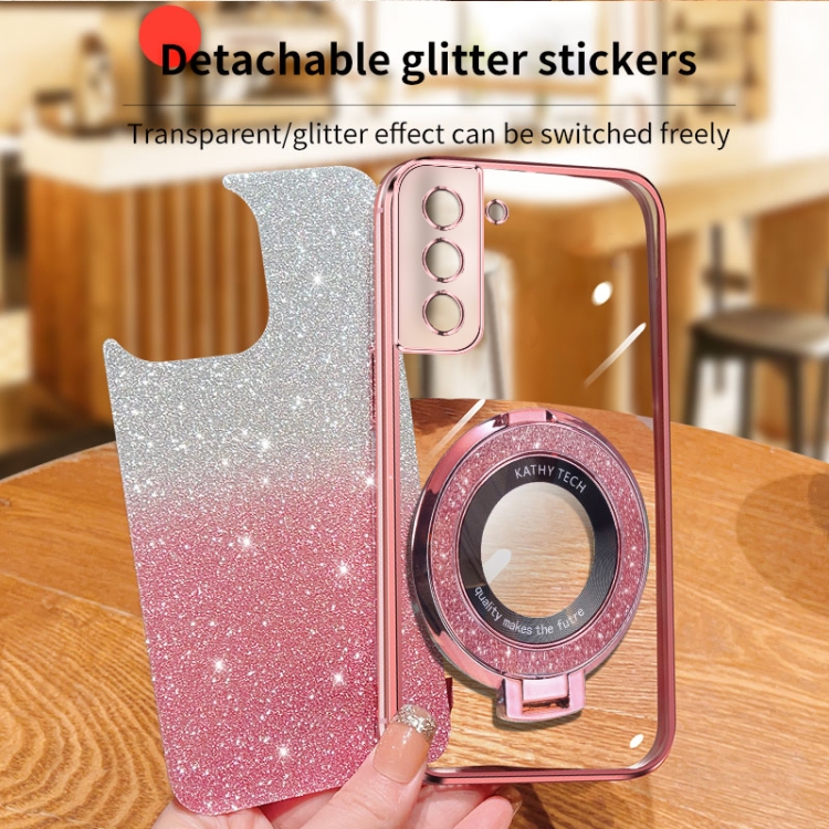 For Samsung Galaxy S22 5G Plated Gradient Glitter Round Holder TPU Phone Case(Black)