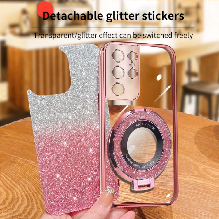 For Samsung Galaxy S21 Ultra 5G Plated Gradient Glitter Round Holder TPU Phone Case(Purple)