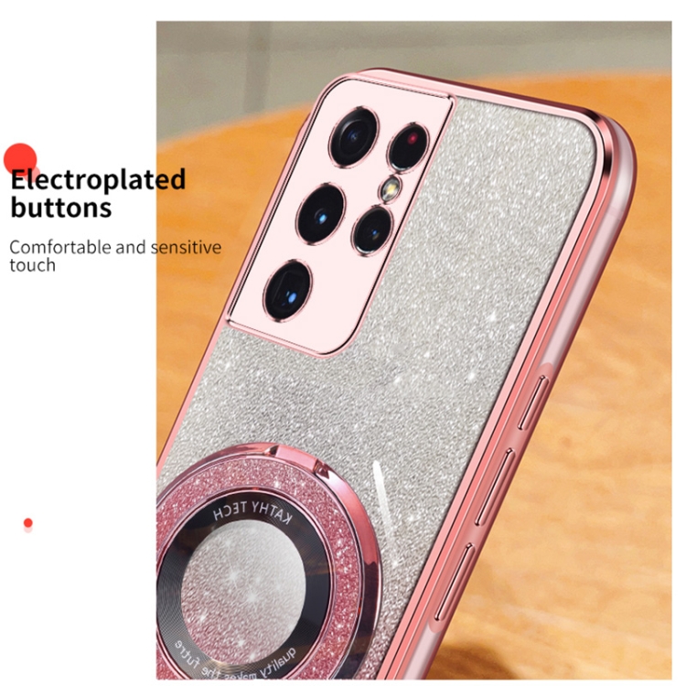 For Samsung Galaxy S21 Ultra 5G Plated Gradient Glitter Round Holder TPU Phone Case(Purple)