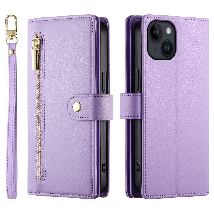 For iPhone 14 Nine Card-slot Zipper Wallet Bag Leather Phone Case(Purple) - 1
