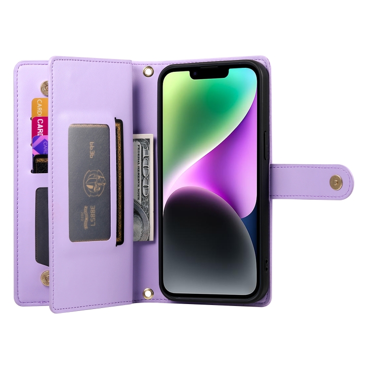 For iPhone 14 Nine Card-slot Zipper Wallet Bag Leather Phone Case(Purple) - 2