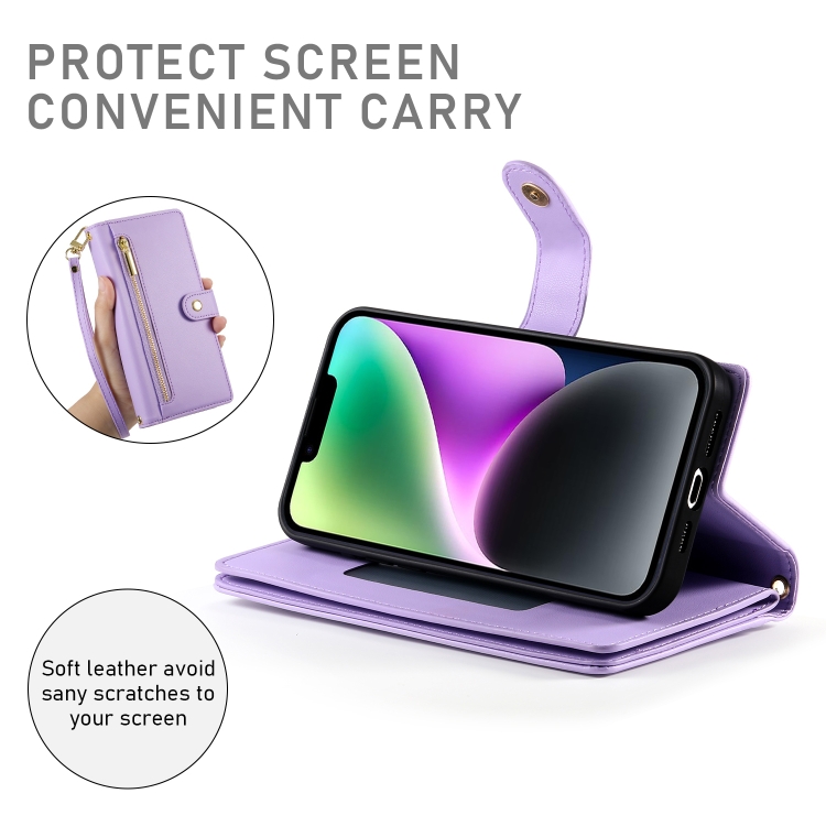 For iPhone 14 Nine Card-slot Zipper Wallet Bag Leather Phone Case(Purple) - 3