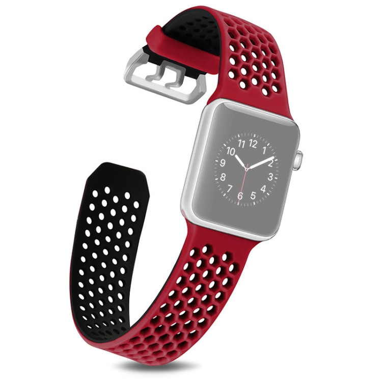 Para la serie Apple Watch 7 41 mm / 6 y SE y 5 y 4 40 mm / 3 y 2 y 1 38 mm  Band de reloj de silicona transpirable de panal de dos tonos (negro rojo)