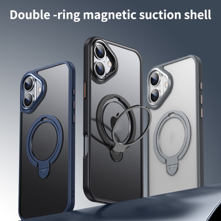 For iPhone 16 Double Ring MagSafe Magnetic Holder Phone Case(Matte Grey) For iPhone 16 Double Ring MagSafe Magnetic Holder Phone Case(Matte Grey)