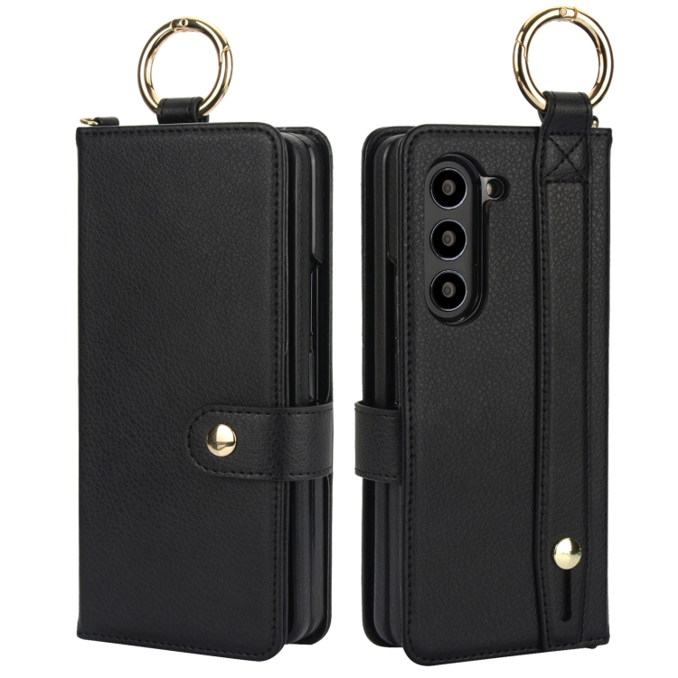 For Samsung Galaxy Z Fold4 Solid Color Wristband Ring RFID Leather Phone Case with Lanyard(Black)