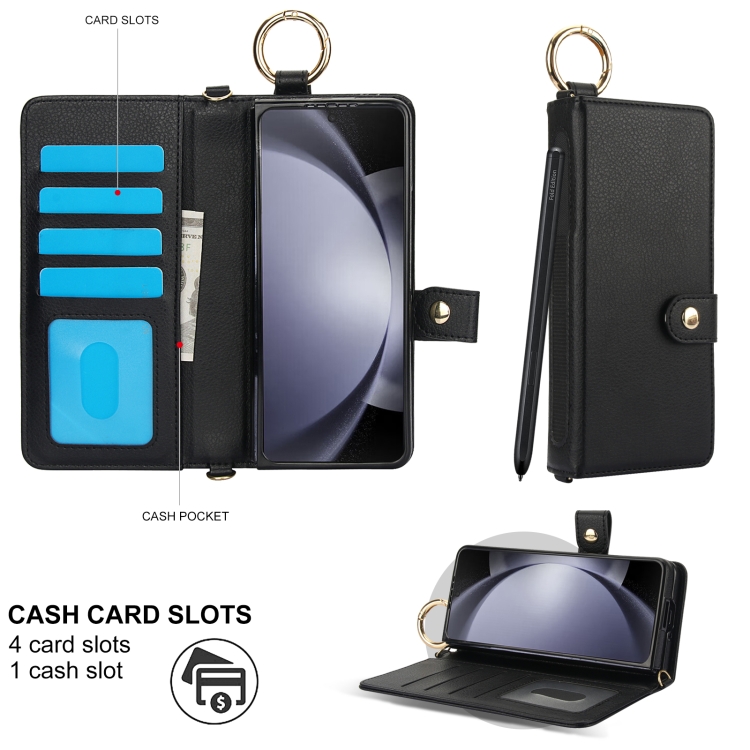 For Samsung Galaxy Z Fold4 Solid Color Wristband Ring RFID Leather Phone Case with Lanyard(Black)