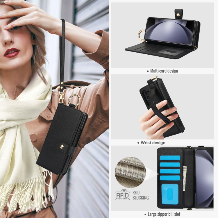 For Samsung Galaxy Z Fold4 Solid Color Wristband Ring RFID Leather Phone Case with Lanyard(Black)