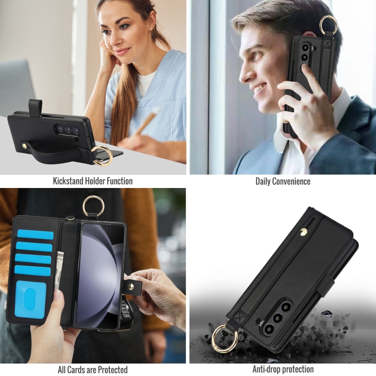 For Samsung Galaxy Z Fold4 Solid Color Wristband Ring RFID Leather Phone Case with Lanyard(Black)