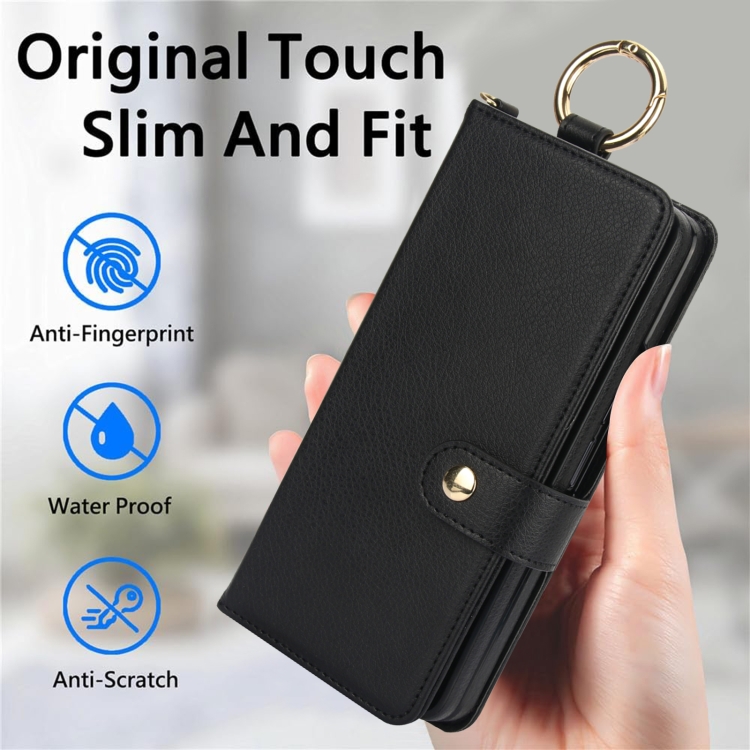 For Samsung Galaxy Z Fold4 Solid Color Wristband Ring RFID Leather Phone Case with Lanyard(Black)