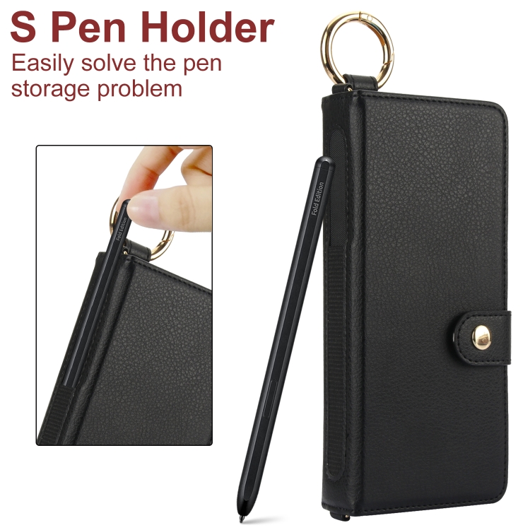 For Samsung Galaxy Z Fold4 Solid Color Wristband Ring RFID Leather Phone Case with Lanyard(Black)