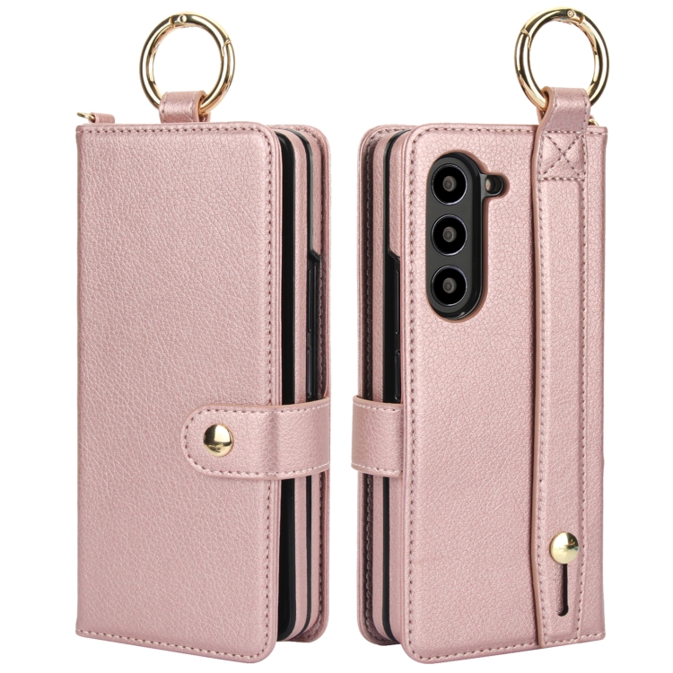 For Samsung Galaxy Z Fold5 Solid Color Wristband Ring RFID Leather Phone Case with Lanyard(Rose Gold) For Samsung Galaxy Z Fold5 Solid Color Wristband Ring RFID Leather Phone Case with Lanyard(Rose Gold)