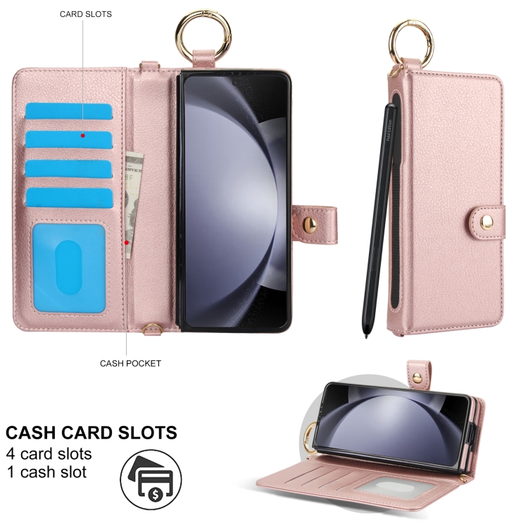 For Samsung Galaxy Z Fold5 Solid Color Wristband Ring RFID Leather Phone Case with Lanyard(Rose Gold) For Samsung Galaxy Z Fold5 Solid Color Wristband Ring RFID Leather Phone Case with Lanyard(Rose Gold)