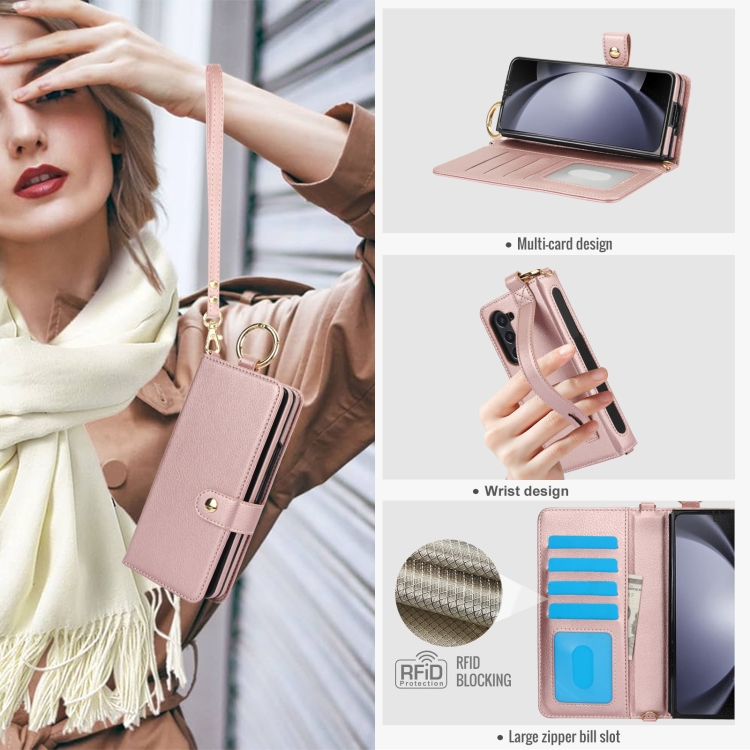 For Samsung Galaxy Z Fold5 Solid Color Wristband Ring RFID Leather Phone Case with Lanyard(Rose Gold) For Samsung Galaxy Z Fold5 Solid Color Wristband Ring RFID Leather Phone Case with Lanyard(Rose Gold)