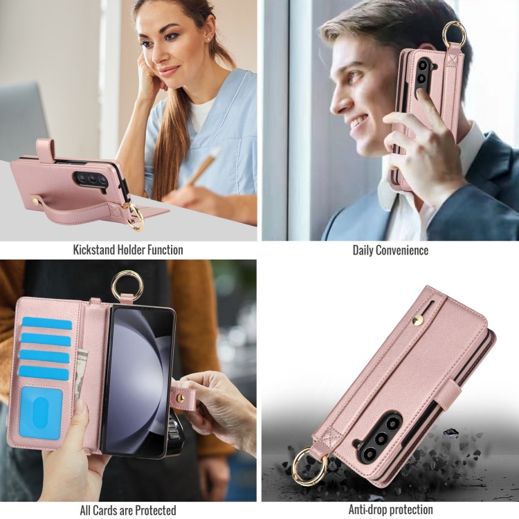 For Samsung Galaxy Z Fold5 Solid Color Wristband Ring RFID Leather Phone Case with Lanyard(Rose Gold) For Samsung Galaxy Z Fold5 Solid Color Wristband Ring RFID Leather Phone Case with Lanyard(Rose Gold)