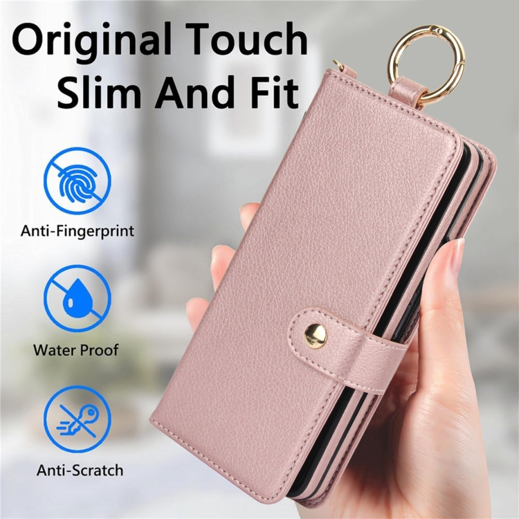 For Samsung Galaxy Z Fold5 Solid Color Wristband Ring RFID Leather Phone Case with Lanyard(Rose Gold) For Samsung Galaxy Z Fold5 Solid Color Wristband Ring RFID Leather Phone Case with Lanyard(Rose Gold)