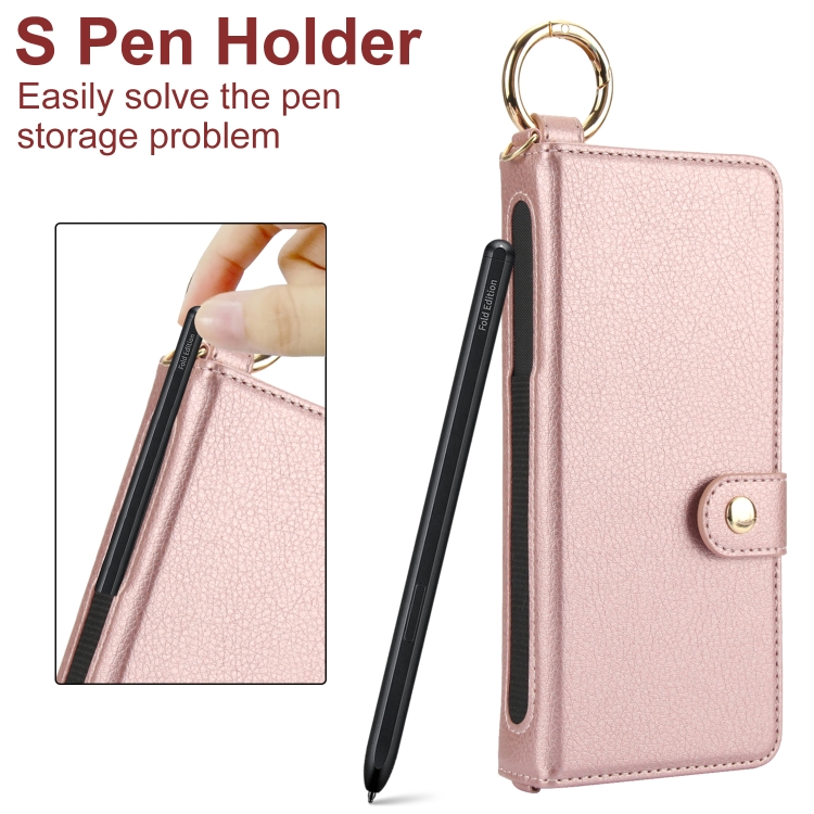 For Samsung Galaxy Z Fold5 Solid Color Wristband Ring RFID Leather Phone Case with Lanyard(Rose Gold) For Samsung Galaxy Z Fold5 Solid Color Wristband Ring RFID Leather Phone Case with Lanyard(Rose Gold)