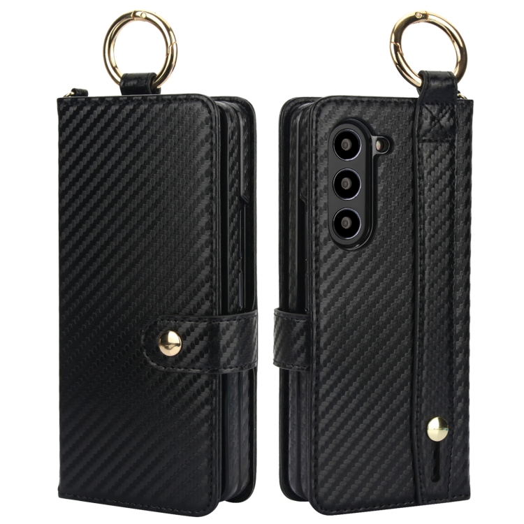 For Samsung Galaxy Z Fold6 Solid Color Wristband Ring RFID Leather Phone Case with Lanyard(Carbon Fiber Black) For Samsung Galaxy Z Fold6 Solid Color Wristband Ring RFID Leather Phone Case with Lanyard(Carbon Fiber Black)