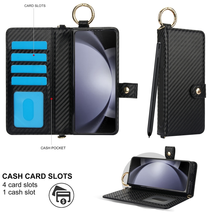 For Samsung Galaxy Z Fold6 Solid Color Wristband Ring RFID Leather Phone Case with Lanyard(Carbon Fiber Black) For Samsung Galaxy Z Fold6 Solid Color Wristband Ring RFID Leather Phone Case with Lanyard(Carbon Fiber Black)