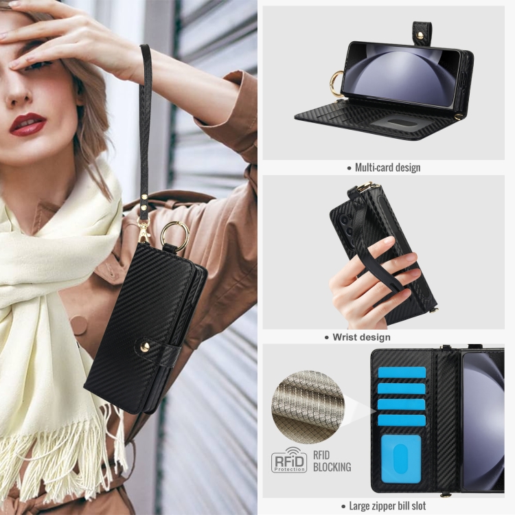For Samsung Galaxy Z Fold6 Solid Color Wristband Ring RFID Leather Phone Case with Lanyard(Carbon Fiber Black) For Samsung Galaxy Z Fold6 Solid Color Wristband Ring RFID Leather Phone Case with Lanyard(Carbon Fiber Black)