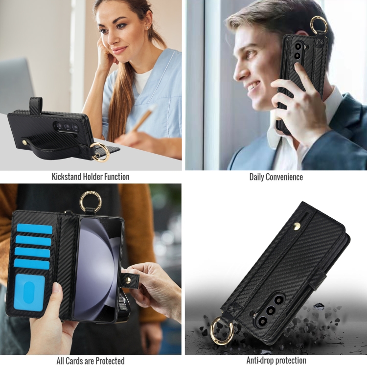 For Samsung Galaxy Z Fold6 Solid Color Wristband Ring RFID Leather Phone Case with Lanyard(Carbon Fiber Black) For Samsung Galaxy Z Fold6 Solid Color Wristband Ring RFID Leather Phone Case with Lanyard(Carbon Fiber Black)