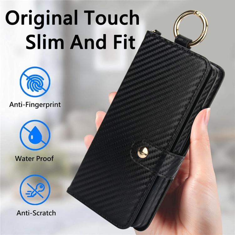 For Samsung Galaxy Z Fold6 Solid Color Wristband Ring RFID Leather Phone Case with Lanyard(Carbon Fiber Black) For Samsung Galaxy Z Fold6 Solid Color Wristband Ring RFID Leather Phone Case with Lanyard(Carbon Fiber Black)