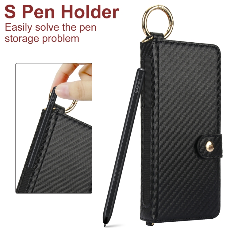 For Samsung Galaxy Z Fold6 Solid Color Wristband Ring RFID Leather Phone Case with Lanyard(Carbon Fiber Black) For Samsung Galaxy Z Fold6 Solid Color Wristband Ring RFID Leather Phone Case with Lanyard(Carbon Fiber Black)