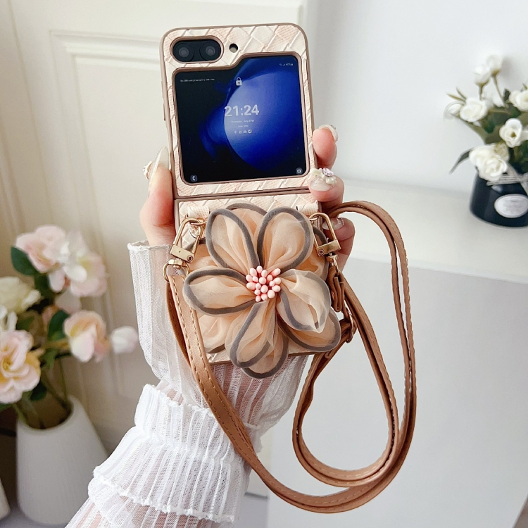 For Samsung Galaxy Z Flip5 Colorful Woven Pattern 3D Yarn Flower Phone Case with Lanyard(Orange) For Samsung Galaxy Z Flip5 Colorful Woven Pattern 3D Yarn Flower Phone Case with Lanyard(Orange)