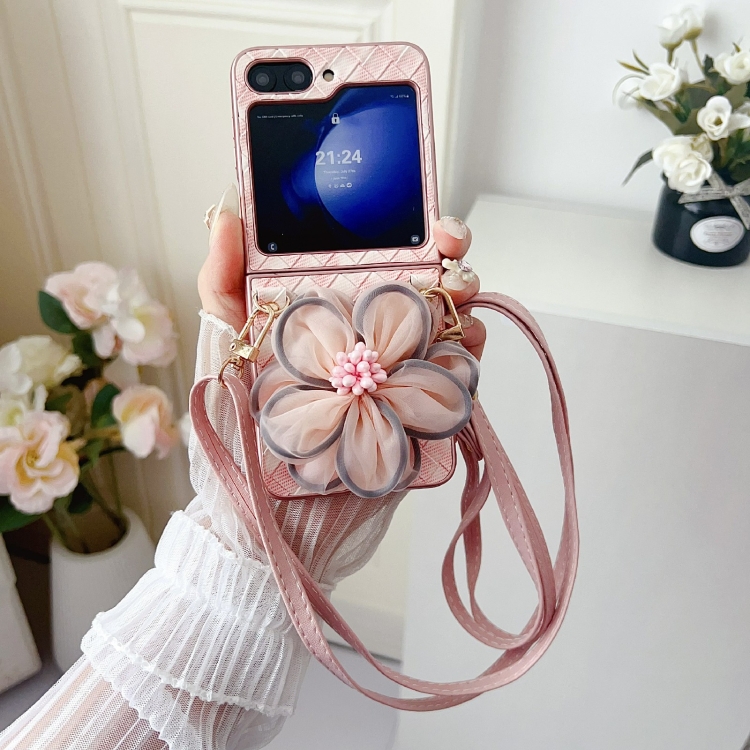 For Samsung Galaxy Z Flip6 Colorful Woven Pattern 3D Yarn Flower Phone Case with Lanyard(Pink) For Samsung Galaxy Z Flip6 Colorful Woven Pattern 3D Yarn Flower Phone Case with Lanyard(Pink)